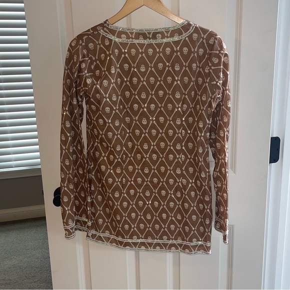 LeTarte Longsleeve Keyhole BOHO Skull Swim Coverup Brown White Patterned Tunic S - Picture 3 of 9